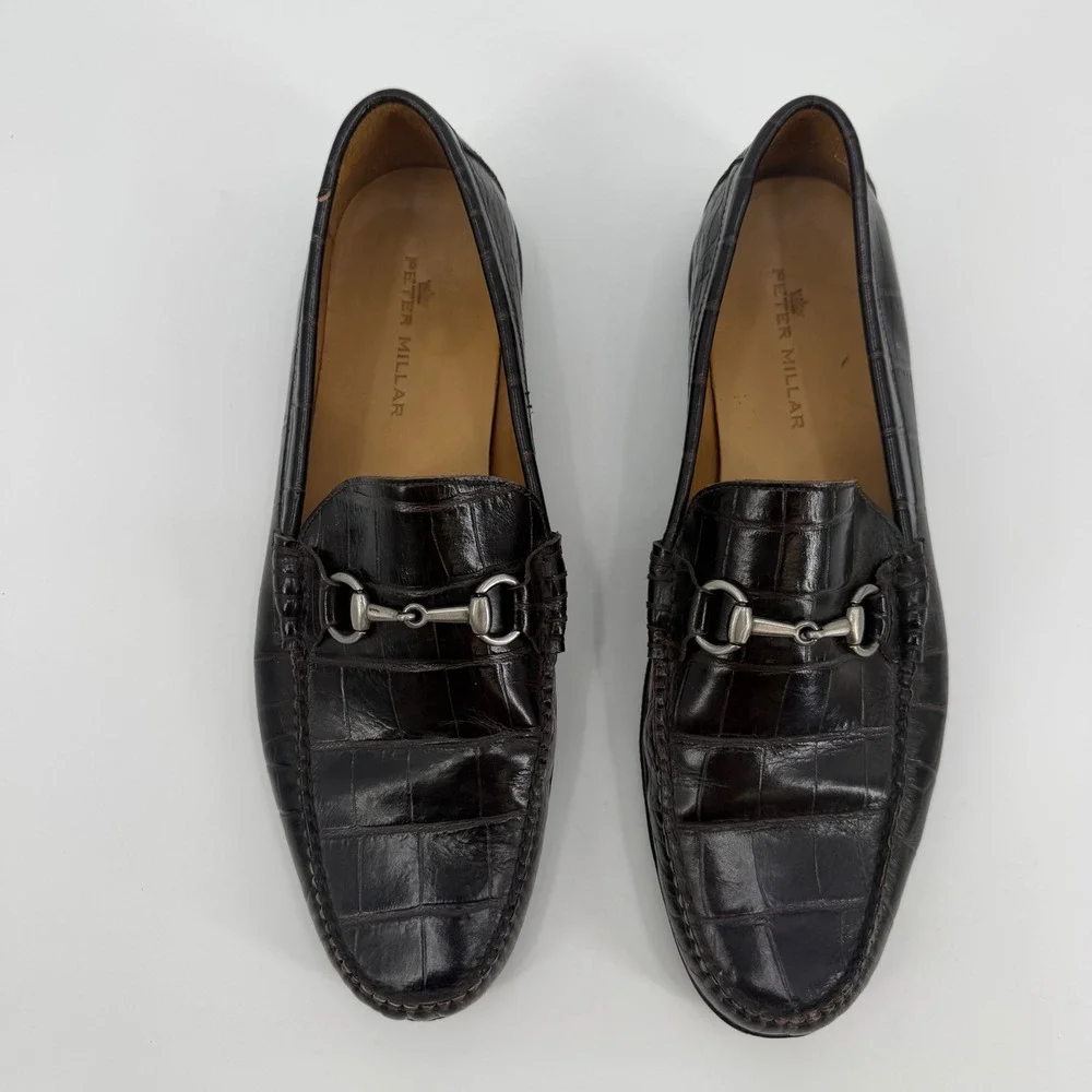 Peter Millar Mens Dark Brown Croc Embossed Leather Bit Loafers 12.5 M 14488
